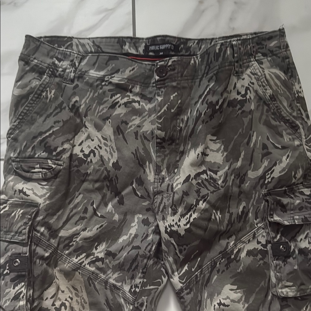 Gray and Black Cargo Shorts with Urban Camouflage